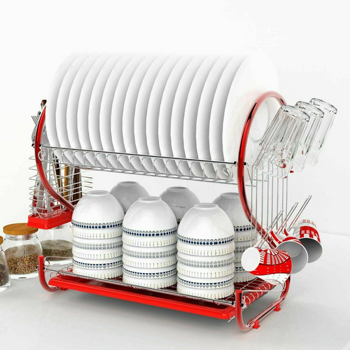 Large Kitchen Red Dish Drying Rack 2 Tier