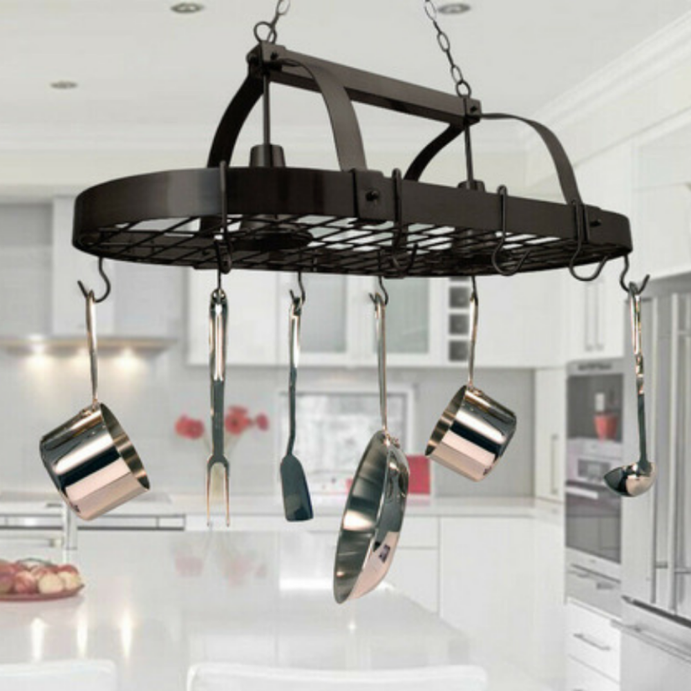 Lighted Ceiling Hanging Pot And Pan Organizer Kitchen Rack