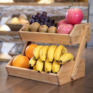 Large Bamboo 2 Tiered Fruit And Vegetable Basket Holder Stand